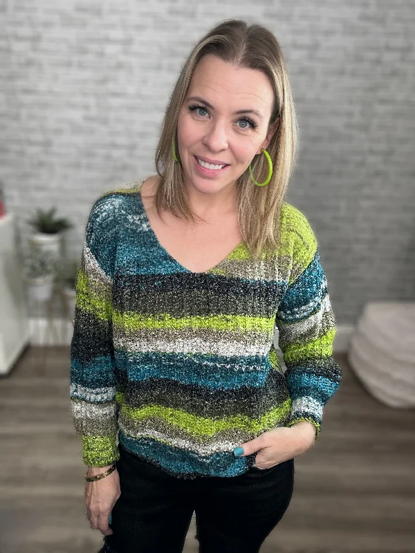 Lime Green & Teal Striped V-Neck Sweater