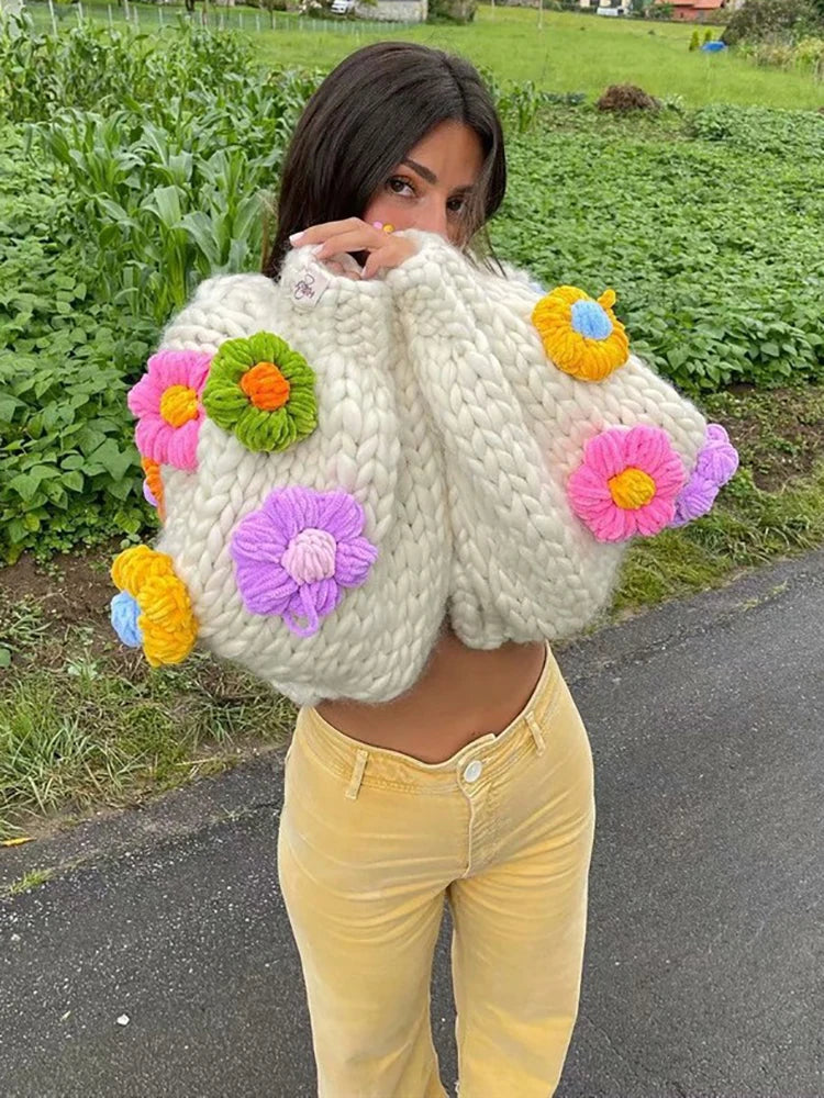 Handmade Crochet Flower Autumn Lantern Sleeve Button High Street Sweet Sweater