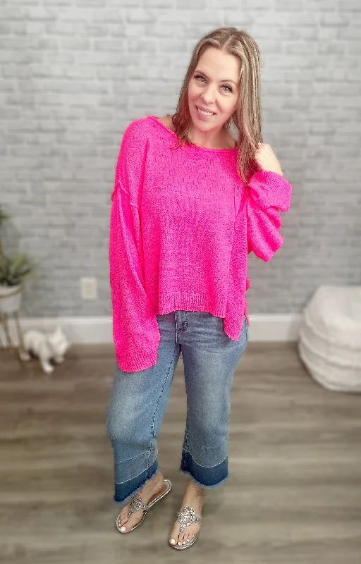 Hot Pink Lightweight Wide Neck Sweater