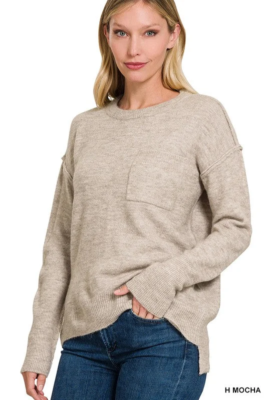 Zenana Clothing Melange Hi-Low Hem Round Neck Sweater