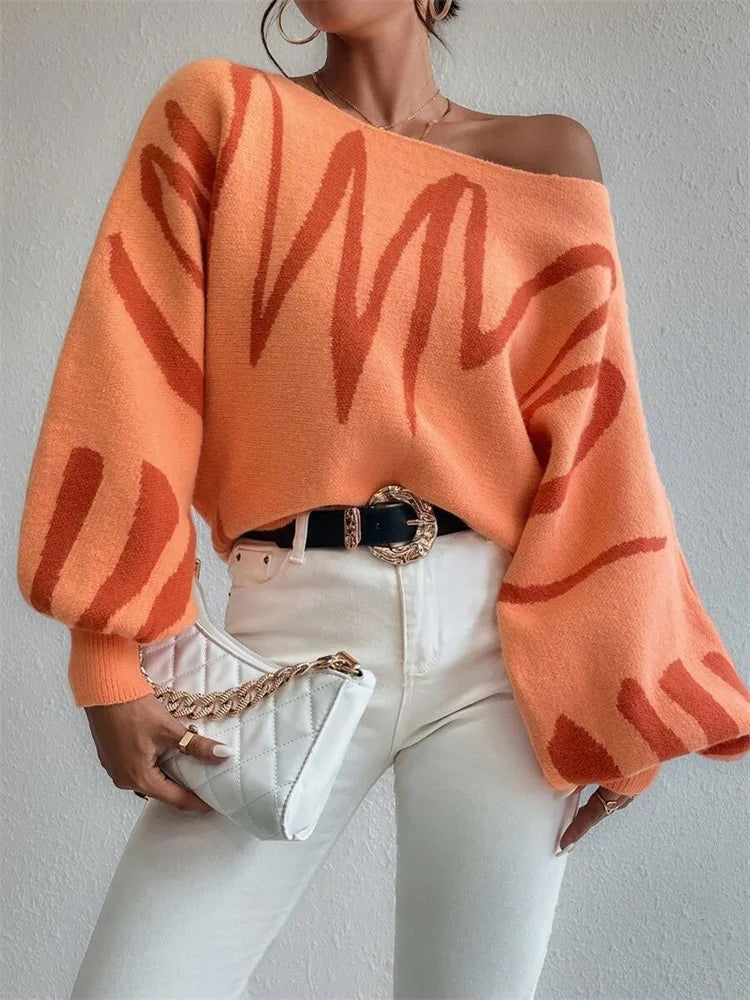 Off Shoulder Batwing Sleeve Knit Loose Art Printed Spring New Oversized Sweater