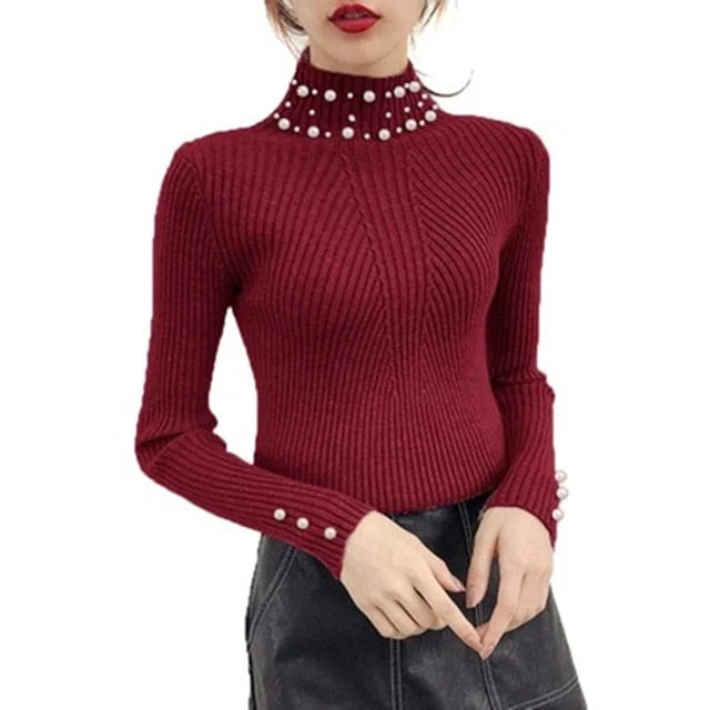 Pearl Beaded O-Neck Long Sleeve Sweater