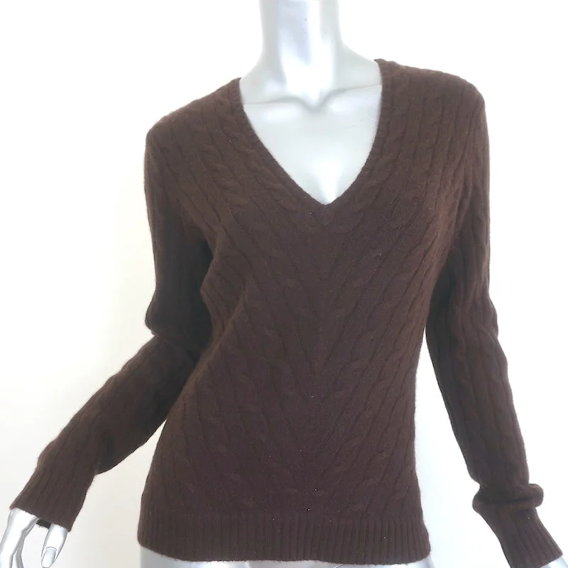 Ralph Lauren Slim Fit Cashmere Cable Knit V-Neck Sweater Dark Brown Size Large