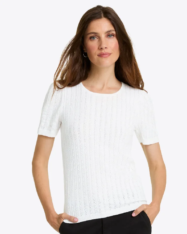 Short Sleeve Sweater in White Pointelle