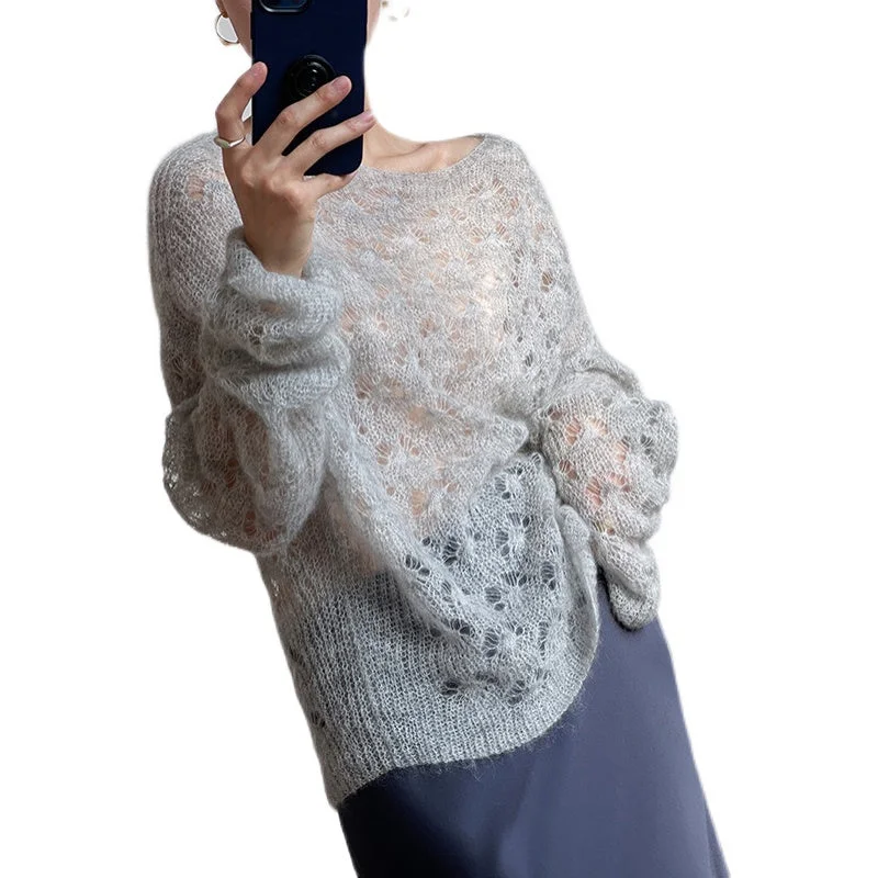 Soft baby mohair cashmere lazy loose hollow crochet knitted short top blouse sweater women's thin autumn