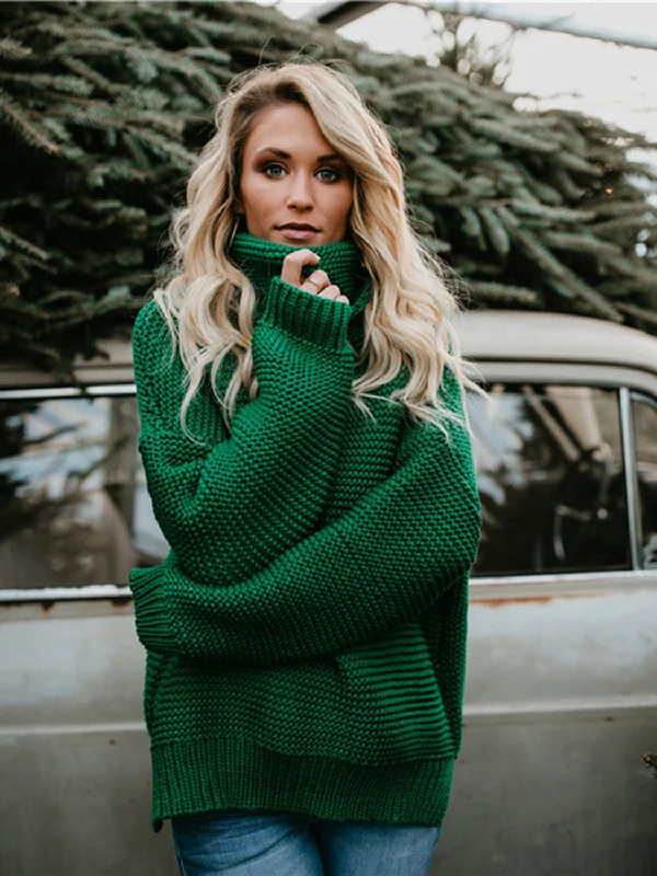 High Neck Turtleneck Dropped Shoulder Side Slit Sweater