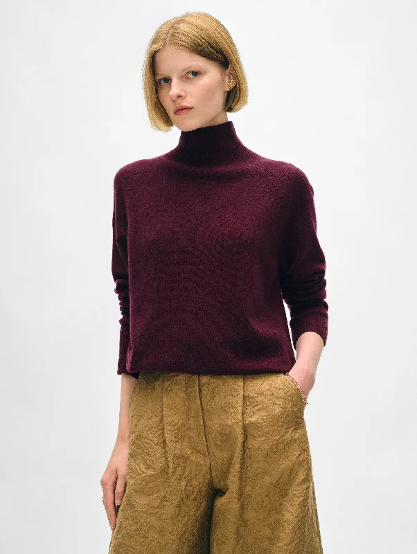 White + Warren - Cashmere Rib Trim Standneck Sweater in Sangria