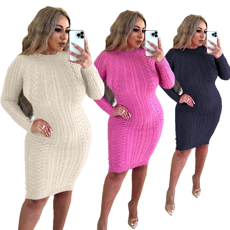 Winter Sexy Long-sleeved Fashion Exclusive Knit Round Neck Backless Sweater Dresses