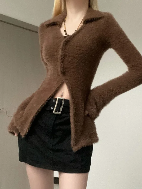 Womens Brown Fuzzy Cardigan Sweater