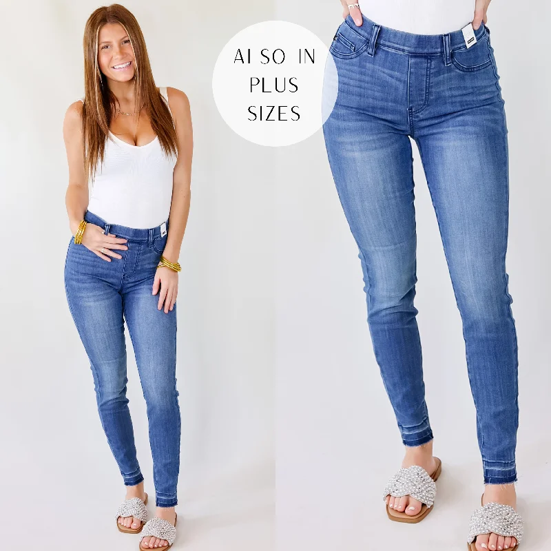 Last Chance Size 0, 1, 3, 5, 7 & 22W | Judy Blue | Free To Dream Elastic Waist Pull On Skinny Jeans with Release Hem in Medium Wash