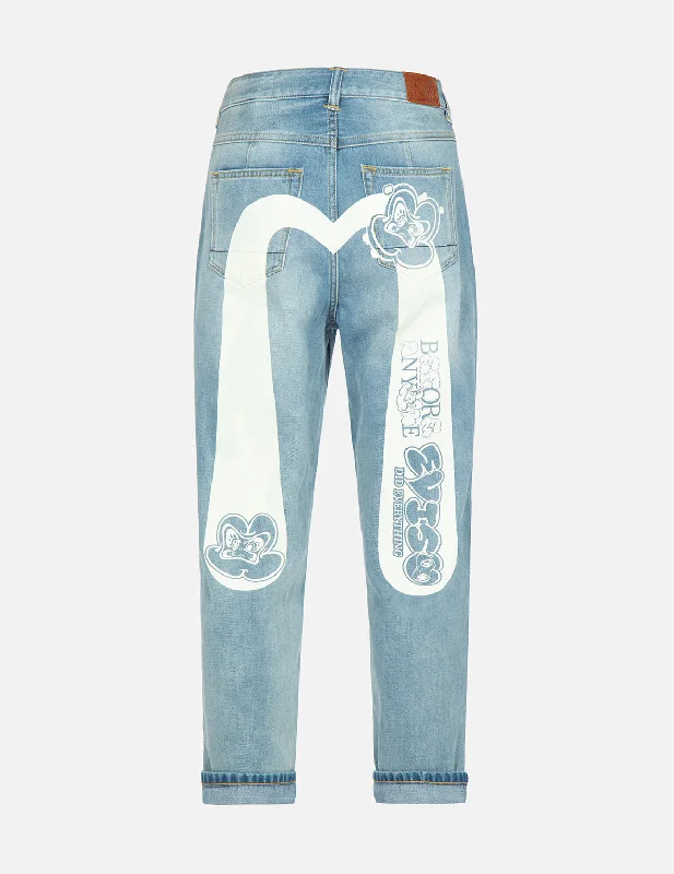 Graffiti Daruma Daicock Print Denim Taper Jeans