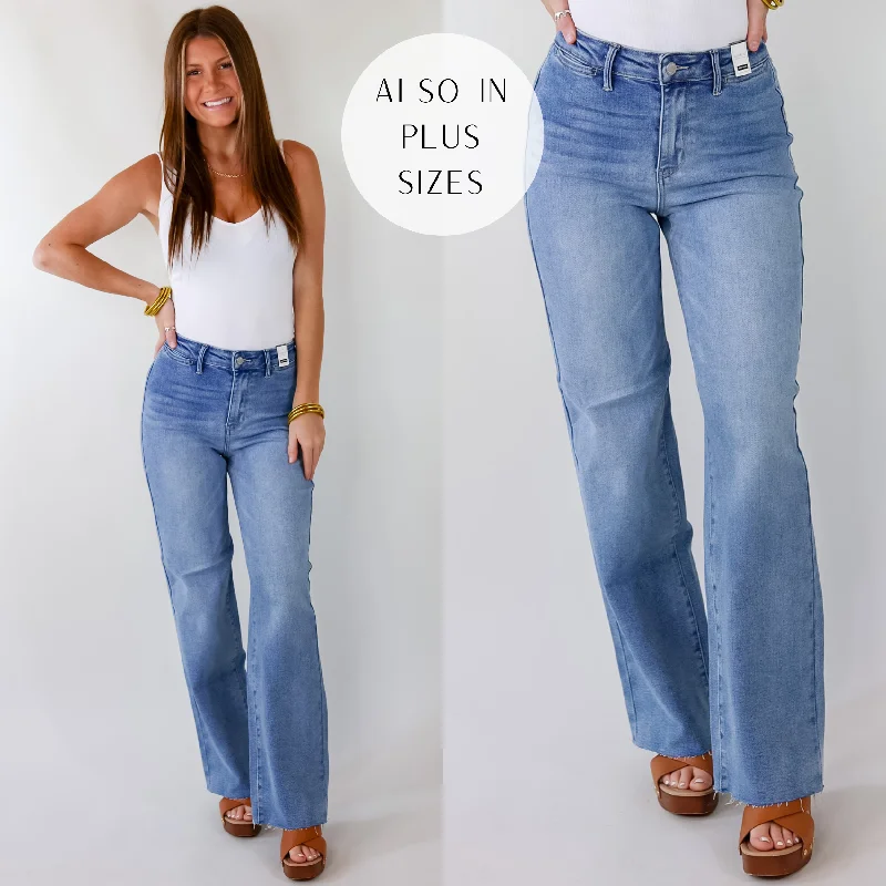 Last Chance Size 22W | Judy Blue | Tell Me More Wide Leg Jeans with Raw Hem in Light Wash